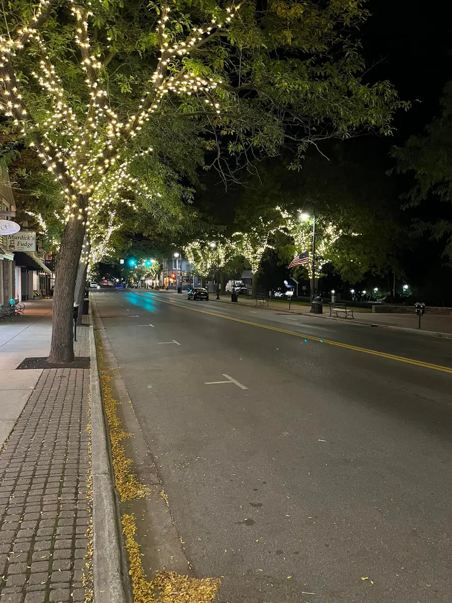 A downtown sidewalk at night with a street tree wrapped in warm white lights in the foreground and more lit trees down the block.