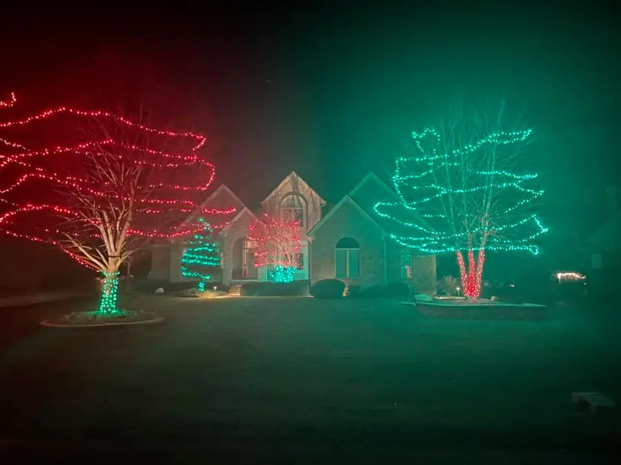 A brick two story home at night with a large tree wrapped in red lights on the left, a tree wrapped in green on the right, and smaller lit trees by the entry.